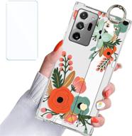 🌼 seo-optimized orange floral clear case with wrist strap kickstand, screen protector for samsung galaxy note 20 ultra - flower protective bumper band cover for women girls (6.9”) logo