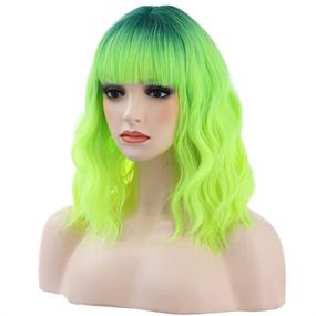 img 4 attached to 🌿 BERON 14" Dark Root Ombre Green Wig - Short Curly Wig with Bangs - Synthetic Wigs for Women & Girls - Ombre Green Wig with Wig Cap