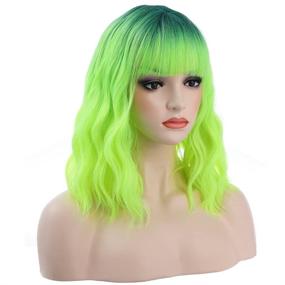 img 2 attached to 🌿 BERON 14" Dark Root Ombre Green Wig - Short Curly Wig with Bangs - Synthetic Wigs for Women & Girls - Ombre Green Wig with Wig Cap