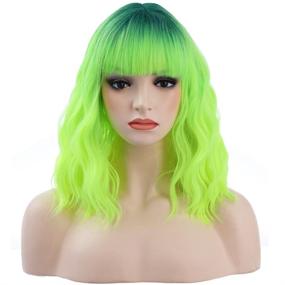 img 3 attached to 🌿 BERON 14" Dark Root Ombre Green Wig - Short Curly Wig with Bangs - Synthetic Wigs for Women & Girls - Ombre Green Wig with Wig Cap