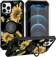 🌻 floral sunflowers iphone 12 pro max case with rotating ring holder kickstand, screen protector included (magnetic car mount compatible) - cute flower design cover for 6.7" iphone 12 pro max - black logo