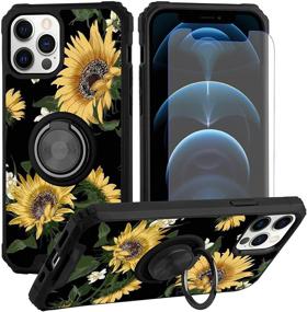 img 4 attached to 🌻 Floral Sunflowers iPhone 12 Pro Max Case with Rotating Ring Holder Kickstand, Screen Protector Included (Magnetic Car Mount Compatible) - Cute Flower Design Cover for 6.7" iPhone 12 Pro Max - Black