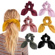 🐰 6-piece satin silk hair scrunchies with rabbit bunny ear bow knots - elastic ponytail holders, bobbles and hair ties for women's accessories logo