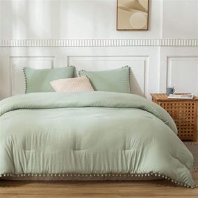 img 2 attached to Sage Green Comforter Set with Pom Pom Ball Fringe Design - Queen Size Dark Sea Green Bedding Set for a Boho Chic Vibe with 2 Pom Pom Pillowcases!