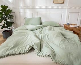 img 3 attached to Sage Green Comforter Set with Pom Pom Ball Fringe Design - Queen Size Dark Sea Green Bedding Set for a Boho Chic Vibe with 2 Pom Pom Pillowcases!