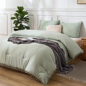 img 4 attached to Sage Green Comforter Set with Pom Pom Ball Fringe Design - Queen Size Dark Sea Green Bedding Set for a Boho Chic Vibe with 2 Pom Pom Pillowcases!