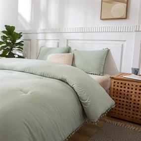 img 1 attached to Sage Green Comforter Set with Pom Pom Ball Fringe Design - Queen Size Dark Sea Green Bedding Set for a Boho Chic Vibe with 2 Pom Pom Pillowcases!
