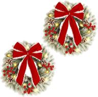 🎄 2 pack twinkle star lighted christmas wreaths, 13 inch pre-lit small xmas wreath with large red bow, led pine needle wreath for front door holiday wall christmas party decorations logo