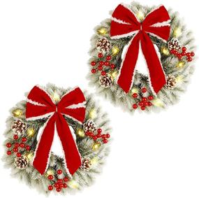 img 4 attached to 🎄 2 Pack Twinkle Star Lighted Christmas Wreaths, 13 Inch Pre-lit Small Xmas Wreath with Large Red Bow, LED Pine Needle Wreath for Front Door Holiday Wall Christmas Party Decorations