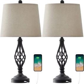 img 1 attached to 🔌 PORTRES 23.75'' USB Table Lamp Set of 2: Traditional Nightstand Lamps for Bedroom, Living Room, Kids Room, Study Room, and Office - Black Beside Lamps with Spiral Cage Design