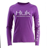 huk women's pursuit performance shirt with sun protection, dahlia, size medium logo