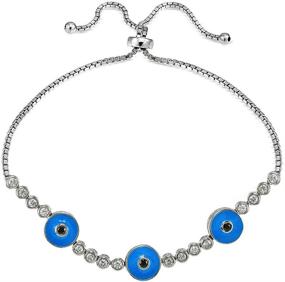 img 3 attached to Hoops &amp; Loops Evil Eye Bracelet with Sterling Silver, Triple Round Blue Enamel, and Cubic Zirconia, Adjustable Pullstring