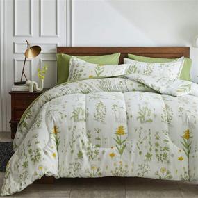 img 4 attached to 🌿 Joyreap Queen Bedding Set - Botanical Green Leaves with Yellow Flowers on Green Tint - Soft Microfiber Comforter, 2 Shams, Flat & Fitted Sheets, 2 Pillowcases