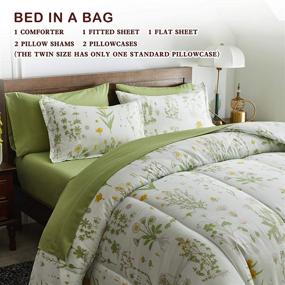 img 2 attached to 🌿 Joyreap Queen Bedding Set - Botanical Green Leaves with Yellow Flowers on Green Tint - Soft Microfiber Comforter, 2 Shams, Flat & Fitted Sheets, 2 Pillowcases