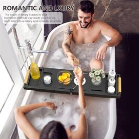 img 3 attached to Luxury Bath Caddy Tray for Tub - Expandable Board and Book Stand with Premium Leather Grip and Non-Slip Pat - Bamboo Bathtub Table Tray for Adults - Home Spa and Gift Choice (Black)