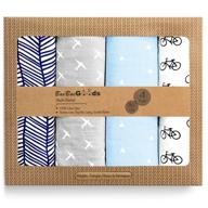 👶 soft pure cotton muslin swaddle blankets - 4 pack of breathable blankets for unisex babies - blue & black designs - multi use, 47 x 47 inches logo