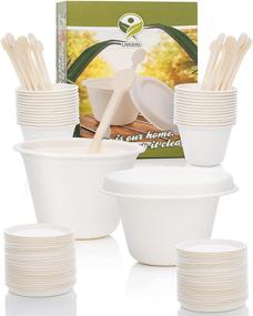 img 4 attached to 🥤 50-Pack of 4 oz Biodegradable Disposable Compostable Sugarcane Souffle Bagasse Cups with Lids and Cornstarch Spoons by LNK2015 - White, 75mm Diameter x 82mm Height