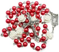 📿 catholic red pearl beads rosary necklace - nazareth store jerusalem: our lady of lourdes medal & cross ns logo