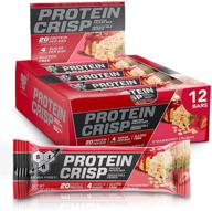 плитки с протеином bsn syntha-6 protein crisp - клубничный хруст, 12 штук, 20 г протеина, без глютена, с низким содержанием сахара. логотип