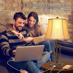 img 2 attached to 🔌 Pair of Vintage Touch Control Table Lamps for Bedroom Nightstand - 3-Way Dimmable Rustic Bedside Lamps with Dual USB Charging Ports, Bronze Living Room Reading Desk Lamps - Bell Shape Shades, Bulbs Included