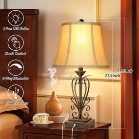 img 3 attached to 🔌 Pair of Vintage Touch Control Table Lamps for Bedroom Nightstand - 3-Way Dimmable Rustic Bedside Lamps with Dual USB Charging Ports, Bronze Living Room Reading Desk Lamps - Bell Shape Shades, Bulbs Included