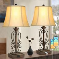 🔌 pair of vintage touch control table lamps for bedroom nightstand - 3-way dimmable rustic bedside lamps with dual usb charging ports, bronze living room reading desk lamps - bell shape shades, bulbs included логотип