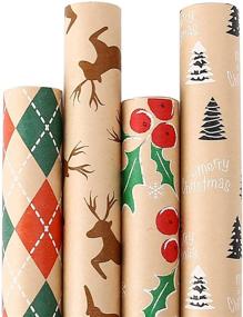 img 4 attached to 🎁 Kraft Christmas Wrapping Paper Rolls with Moose, Christmas Tree, Red Berry Green &amp; Orange Plaids | Set of 4 - 23.6 inch x 8 feet Rolls