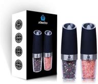 smart one-handed gravity electric salt and pepper grinder set by albedo - battery powered with adjustable coarseness, blue led light logo