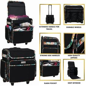 img 1 attached to 🌺 Mary Black &amp; Floral Rolling Scrapbook Storage Tote - Ultimate Scrapbooking Storage Solution for Rings, Paper, Binder, Crafts, Beads, Scissors - Collapsible Telescoping Handle with Dual Wheels - Craft Case