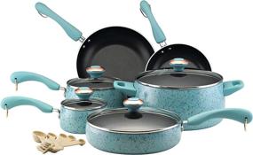 img 4 attached to Набор столовых приборов Paula Deen Signature Nonstick Cookware Set - коллекция Aqua Speckle - 15 предметов премиум качества