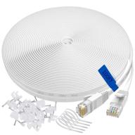 high speed 100 ft flat white cat 6 ethernet cable with clips and cable tie - ideal for gaming, router, switch, xbox, ip cam, modem - indoor/outdoor, upgraded durable udaton lan network cable logo