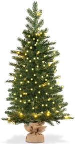 img 4 attached to 🎄 3ft Prelit Christmas Tree by Goplus - Battery Operated Spruce Fir Tree with Timer Function, 50 LED Lights, 363 Tips, Solid Cement Base - Tabletop Decorations Full Tree