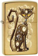 🔥 vintage steampunk cat zippo lighter in brushed brass - model 76737 logo