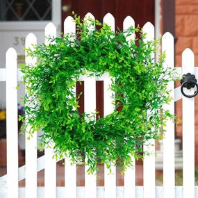 img 2 attached to 🌿 Juegoal 20" Pre-lit Green Leaves Wreath with Metal Hanger: Eucalyptus Boxwood Design, Timer & Battery Operated, Warm White 40 LED Lights - Front Door Welcome Wall Decor