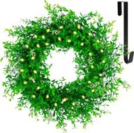 🌿 juegoal 20" pre-lit green leaves wreath with metal hanger: eucalyptus boxwood design, timer & battery operated, warm white 40 led lights - front door welcome wall decor логотип