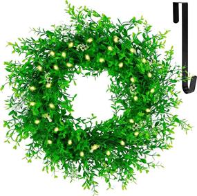 img 4 attached to 🌿 Juegoal 20" Pre-lit Green Leaves Wreath with Metal Hanger: Eucalyptus Boxwood Design, Timer & Battery Operated, Warm White 40 LED Lights - Front Door Welcome Wall Decor