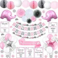 delightful rainmeadow elephant baby shower decorations for a girl: it's a girl celebration with banner, balloons, lanterns, fans, honeycomb balls in pink, grey, and white! logo