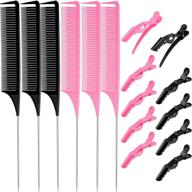 🎀 6-piece set of rat tail hair combs with fine teeth for hairdressing, styling, and parting, along with 10-piece set of alligator hair styling clips for salon and home use - available in pink and black logo