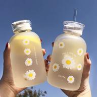 🌼 480ml cute water bottle with scale, milk juice, 2 lids, little daisy matte, portable transparent cup, grass bottles creative handy cup (six flowers) логотип