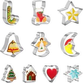 img 4 attached to 🎄 Набор из 10 кусочков нержавеющей стали Рождественских форм для печенья - идеально подходит для Рождества, праздников, вечеринок и подарков! Снежинка, колокольчик, елка, звезда, луна, ангел, сердце и другие праздничные формы.