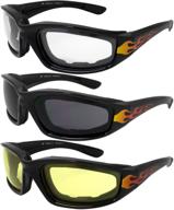 motorcycle flame sunglasses: padded black frames with fire design, shatter resistant lenses, uv400 anti-fog coating, includes micro-fiber bag and floating capability logo