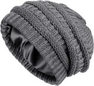 🧶 women's satin lined winter knit beanie - thick cable chunky cap for a soft and warm slouchy look, also ideal for men logo