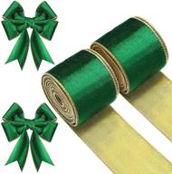 2 rolls of christmas velvet ribbon with gold trim - 2.5 inch wired edge for xmas bow making, floral arrangement & decoration - 13 yard total (green) logo