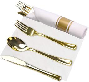 img 1 attached to 🍴 30 Pack Gold Plastic Silverware Disposable Cutlery Set - Pre Rolled Napkin and Utensil Kit for Weddings, Premium Disposable Silverware Set Includes: 30 Forks, 30 Knives, 30 Spoons, 30 Linen Like Napkins