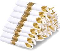 🍴 30 pack gold plastic silverware disposable cutlery set - pre rolled napkin and utensil kit for weddings, premium disposable silverware set includes: 30 forks, 30 knives, 30 spoons, 30 linen like napkins logo
