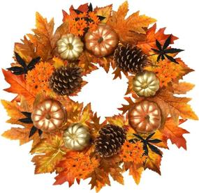 img 4 attached to 🍁 20-inch Autumn Harvest Thanksgiving Wreath with Pine Cones, Pumpkin, Maple Leaf - Rocinha Fall Decorations for Front Door and Home