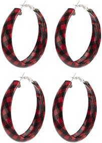 img 4 attached to 🔴 Faux Leather Buffalo Red Plaid Hoop Earrings: Exaggerated Lightweight Geometric Statement Jewelry for Women