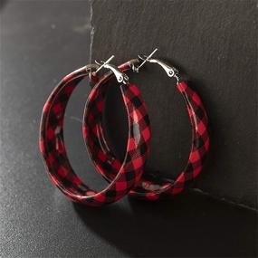 img 2 attached to 🔴 Faux Leather Buffalo Red Plaid Hoop Earrings: Exaggerated Lightweight Geometric Statement Jewelry for Women