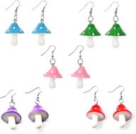 🍄 dainty resin mushroom pendant earrings: set of 5 pairs - cute, colorful, and fresh drop earrings for women and girls logo