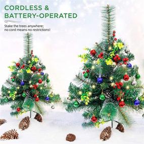 img 3 attached to Set of Two 24.5in Outdoor Battery Operated Pre-Lit Pathway Christmas Trees: Pathway Christmas Trees Holiday Décor for Driveway, Yard, Garden with LED Lights, Red Berries, Frosted Pine Cone, and Ornament